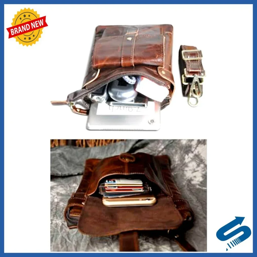 Genuine Leather Fanny Pack Messenger Bag Adjustable Strap Tablet Fit - Picture 6 of 7